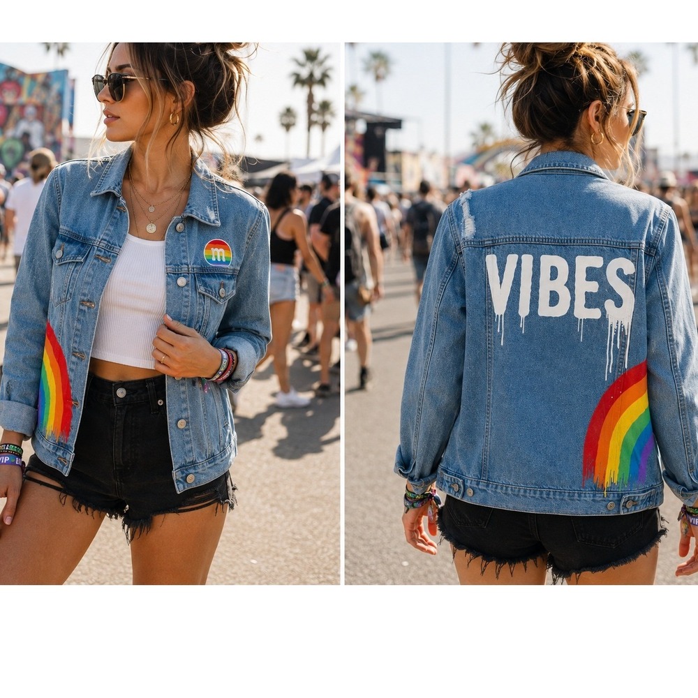 M&M's Rainbow Vibes Distressed Denim Trucker Jacket Blue Multi XL Pride Jean